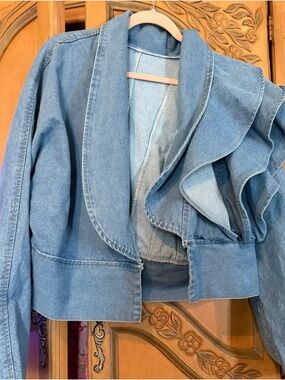 Blue Denim Ruffle Shoulder Jacket